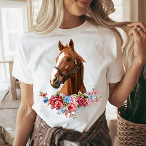 Personalized Upload Your Horse Photo Horse Flowers Horse Lovers Gift T-shirt Printed HN241764