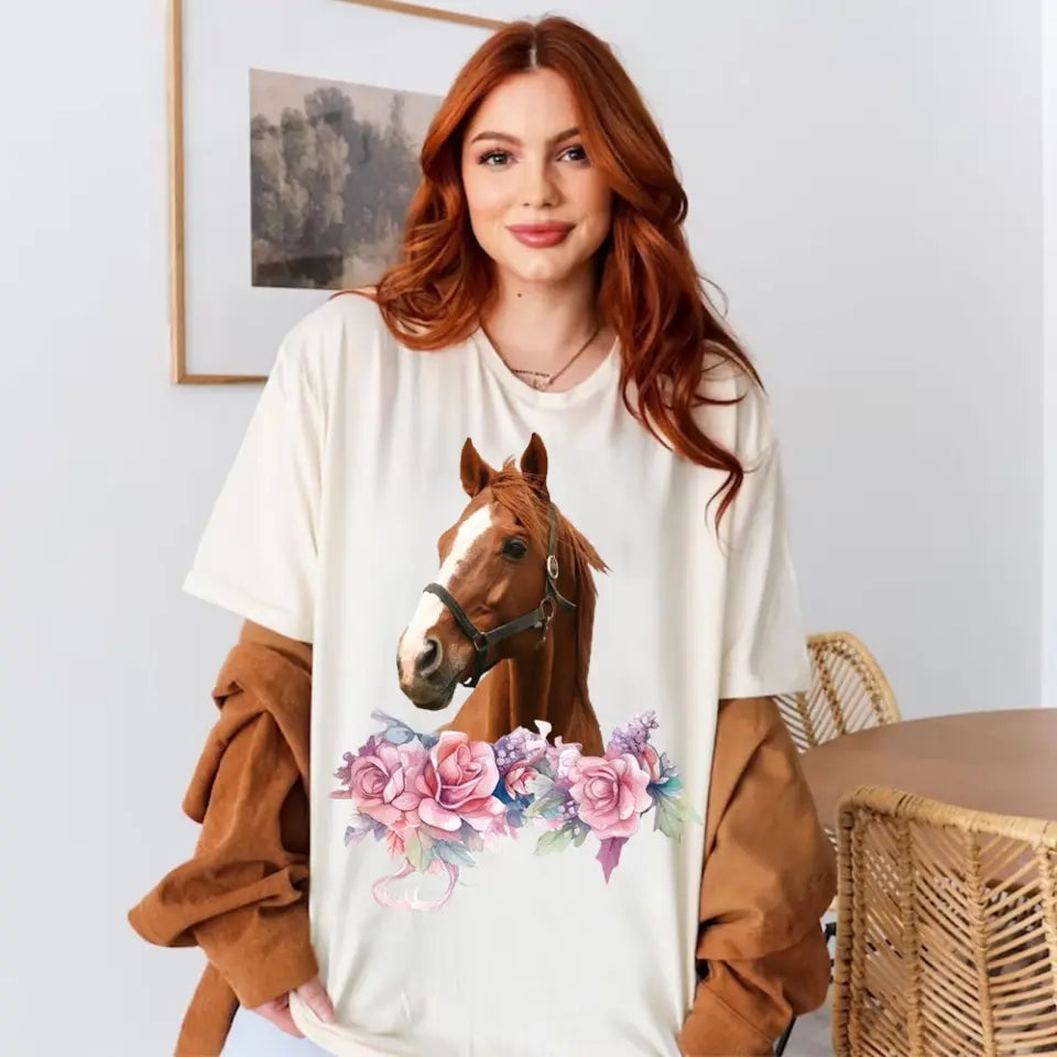 Personalized Upload Your Horse Photo Horse Flowers Horse Lovers Gift T-shirt Printed HN241764