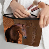 Personalized Upload Your Horse Photo Leather Background Make Up Cosmetic Bag Printed KVH241796