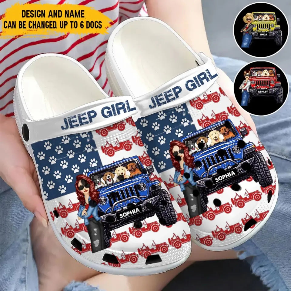 Personalized Jeep Girl & Dogs Jeep US Flag Clogs Slipper Shoes Printed LVA241802