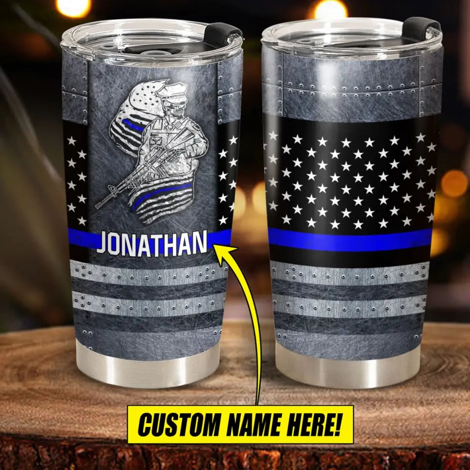 Personalized US Police Skull Thin Blue Line Custom Name Tumbler Printed QTVA241831