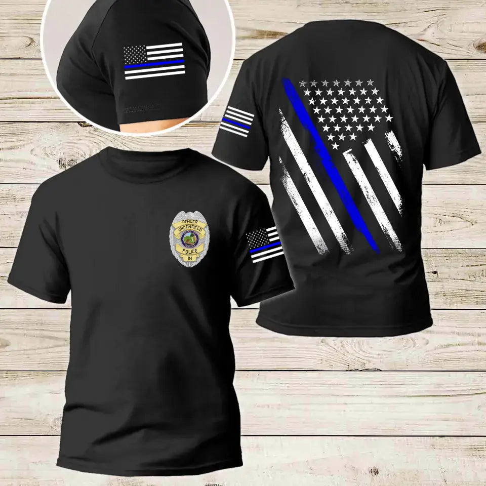 Personalized US Police Badge US Flag Blue Line T-shirt Printed KVH241834