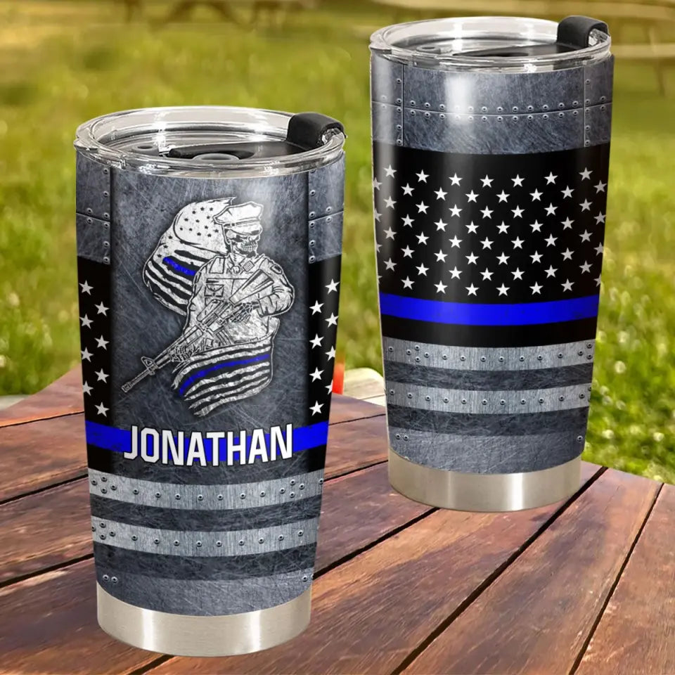 Personalized US Police Skull Thin Blue Line Custom Name Tumbler Printed QTVA241831