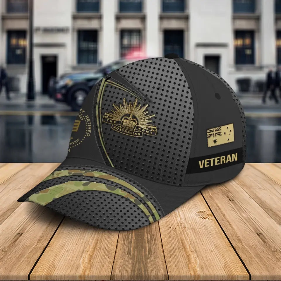 Personalized Australian Veteran Logo Rank Gold Custom Name & Time Cap 3D Printed AHHN241852