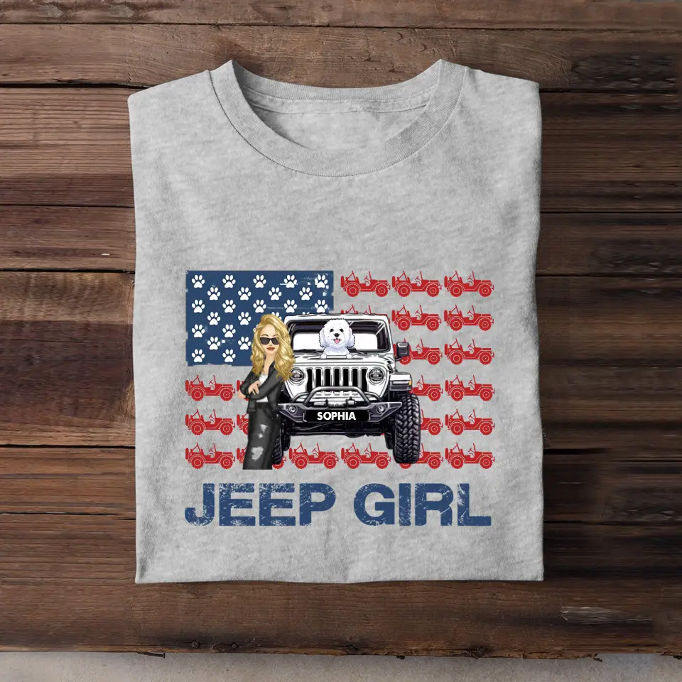 Personalized Jeep Girl & Dog US Flag Independence Day 4th July Gift T-shirt Printed VQ241657