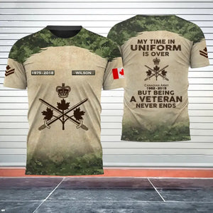 Personalized My Time In Uniform Is Over But Being A Veteran Never Ends Canadian Veteran Logo 3D T-shirt Printed AHVQ241647