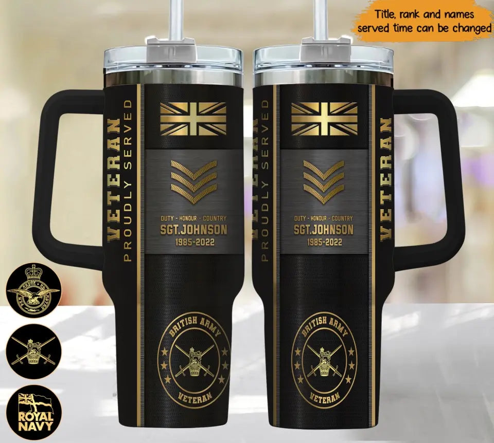 Personalized UK Army Veteran Rank Gold & Name Proudly Served 40OZ Matte Tumbler With Handle Printed AHHN241876