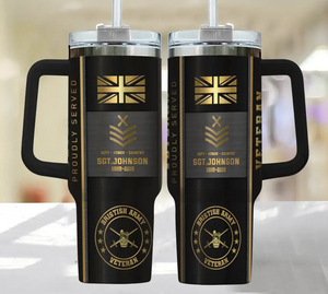 Personalized UK Army Veteran Rank Gold & Name Proudly Served 40OZ Matte Tumbler With Handle Printed AHHN241876