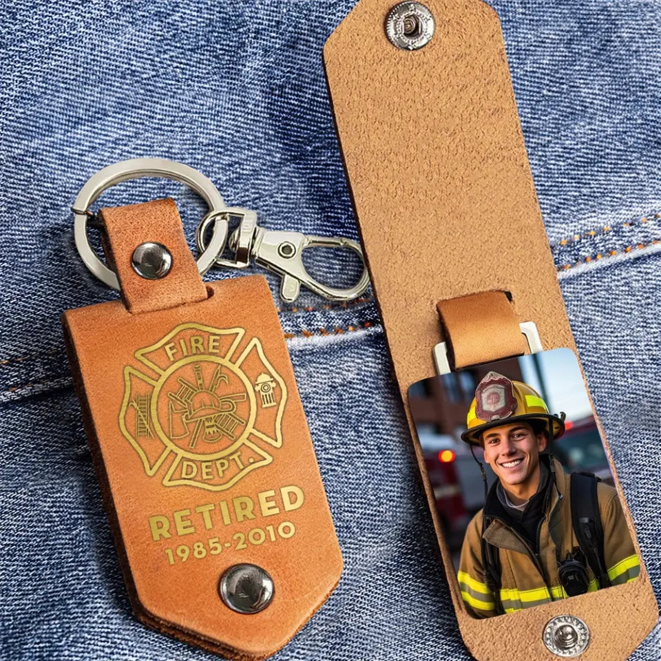 Personalized Upload Your Photo Retired Firefighter Leather Keychain Printed QTKH241901