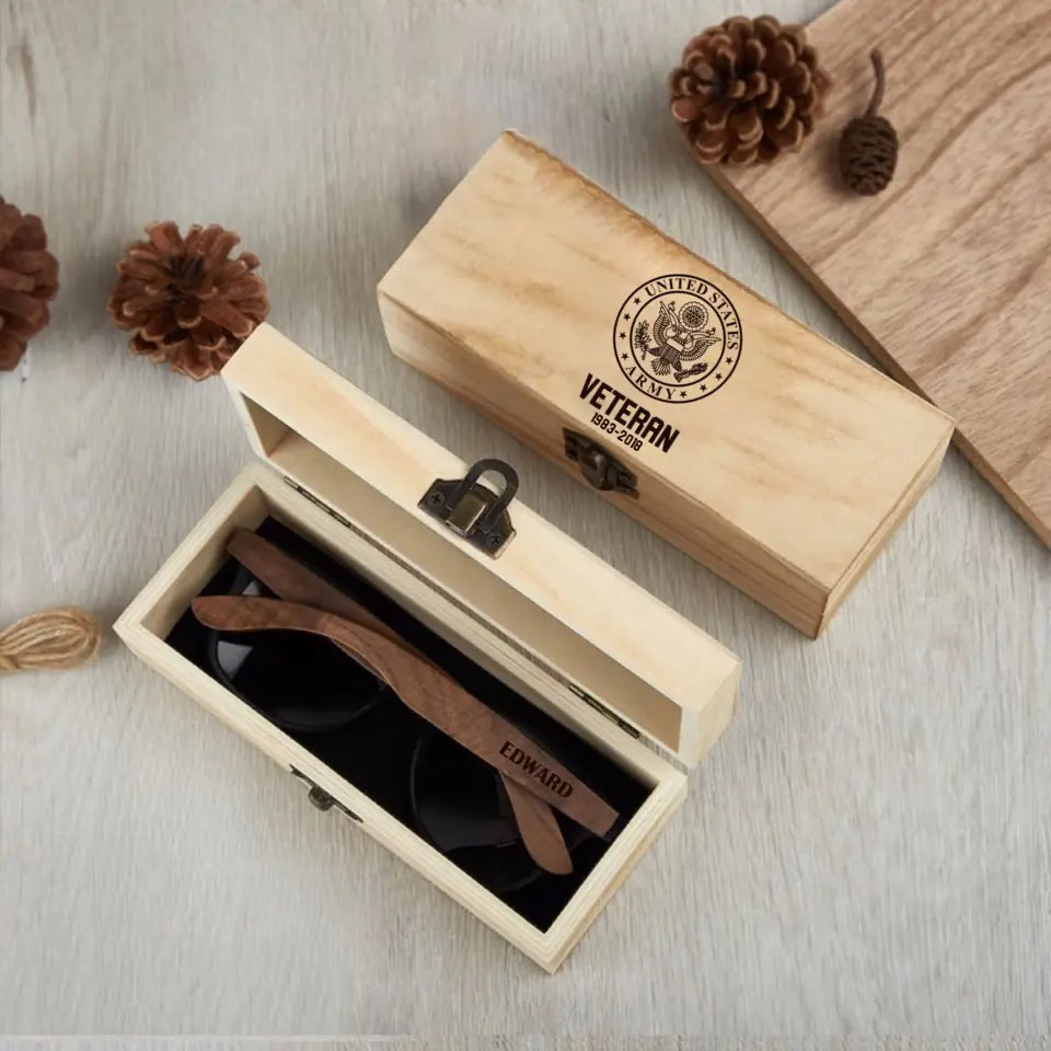 Personalized US Army Veteran Logo Custom Name & Time Engraved Wooden Sunglasses Printed VQ241898