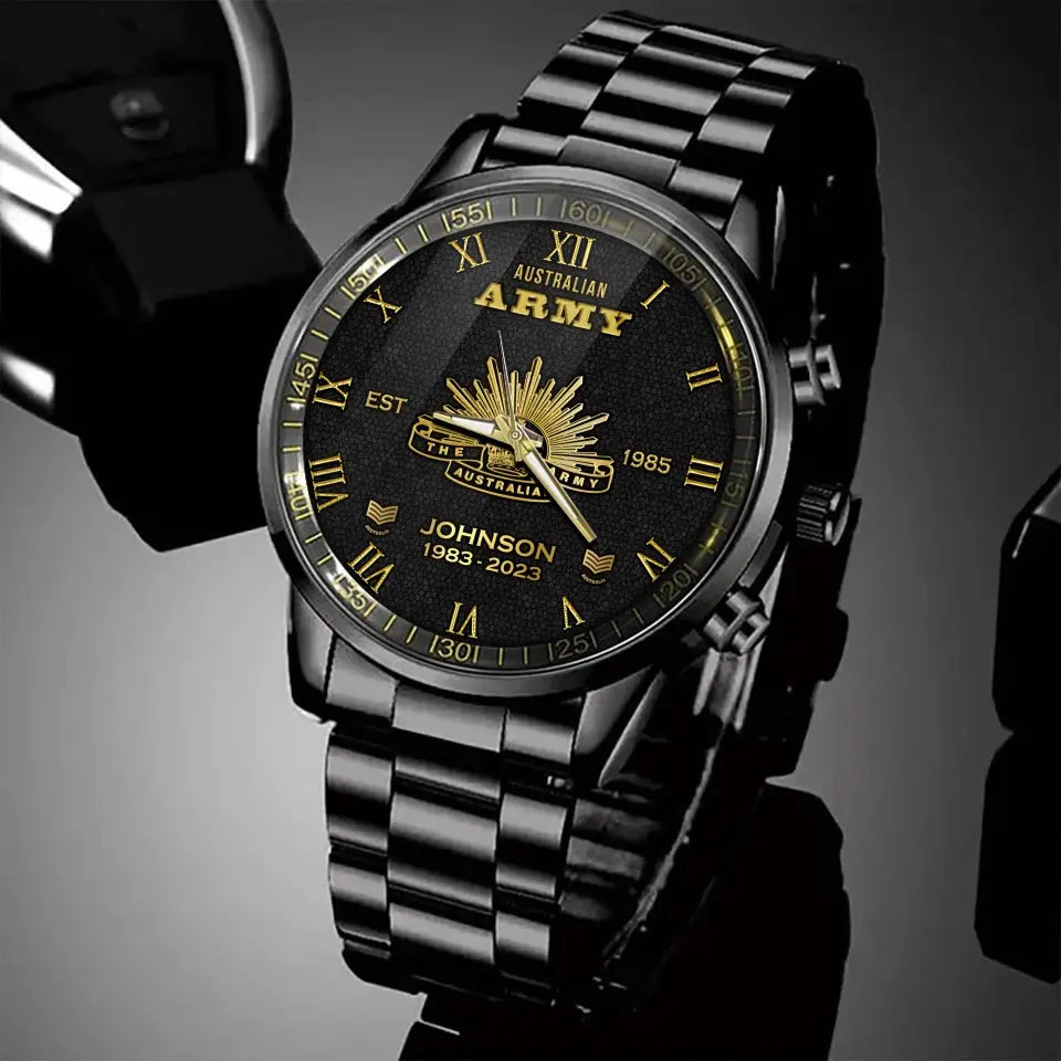 Personalized Australian Army Veteran Australian Military Logo Custom Rank Gold & Service Time Watch Printed AHVA241938