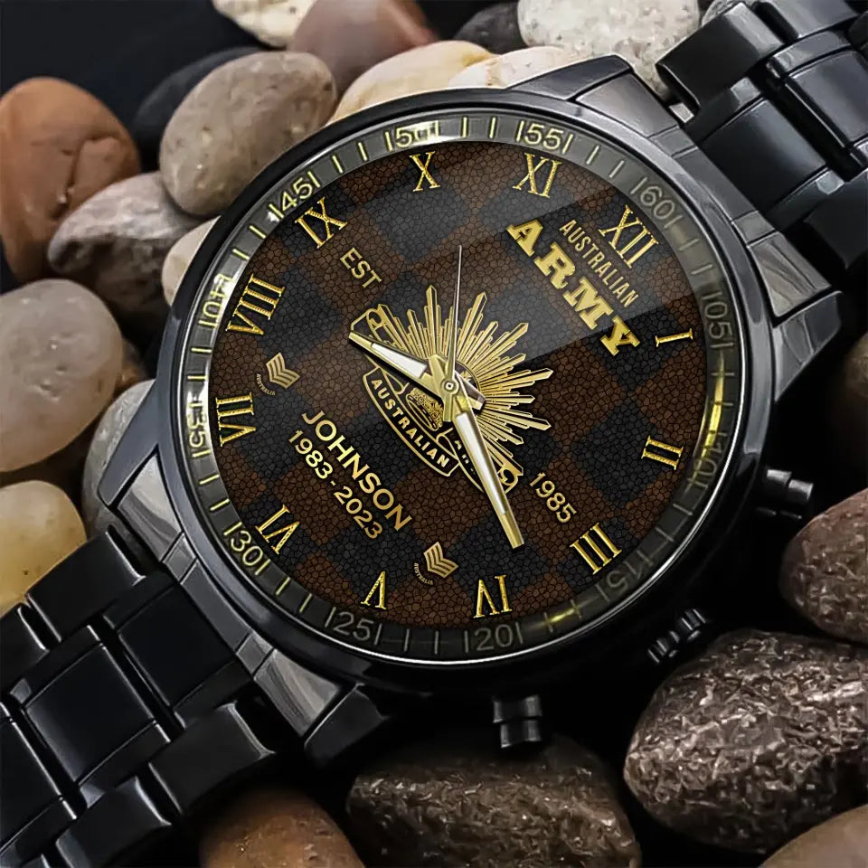 Personalized Australian Army Veteran Australian Military Logo Custom Rank Gold & Service Time Watch Printed AHVA241938