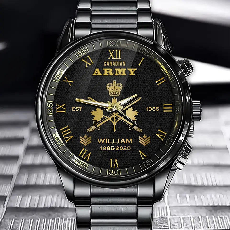 Personalized Canadian Army Veteran Canadian Military Logo Custom Rank Gold & Service Time Watch Printed AHVA241938