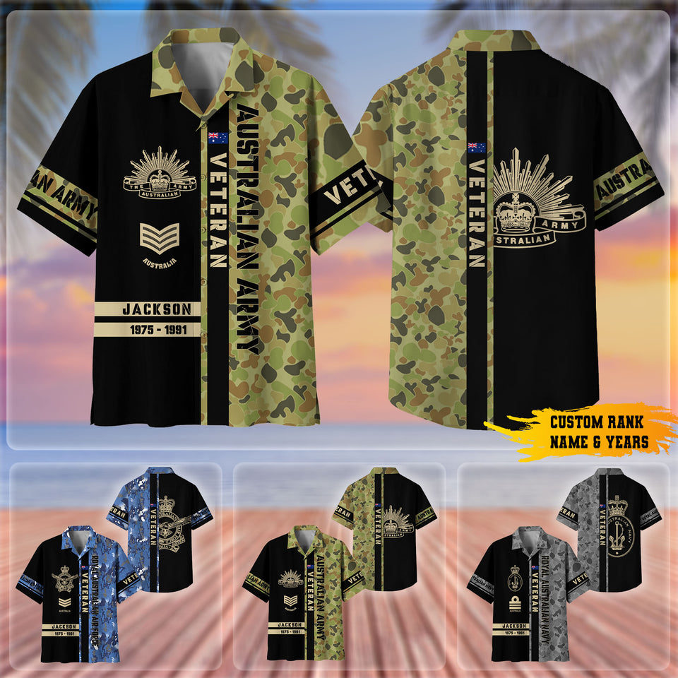 Personalized Australian Veteran Camo Branch Logo Custom Ranks Name & Years Hawaii Shirt Printed 0704