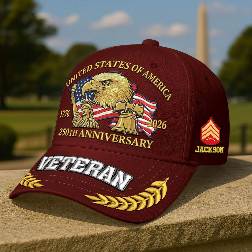Personalized Premium America 250th Anniversary Embroidered US Veterans Hats C25032601, Gifts For U.S. Veterans, Gifts For Independence Day, Veterans Day.