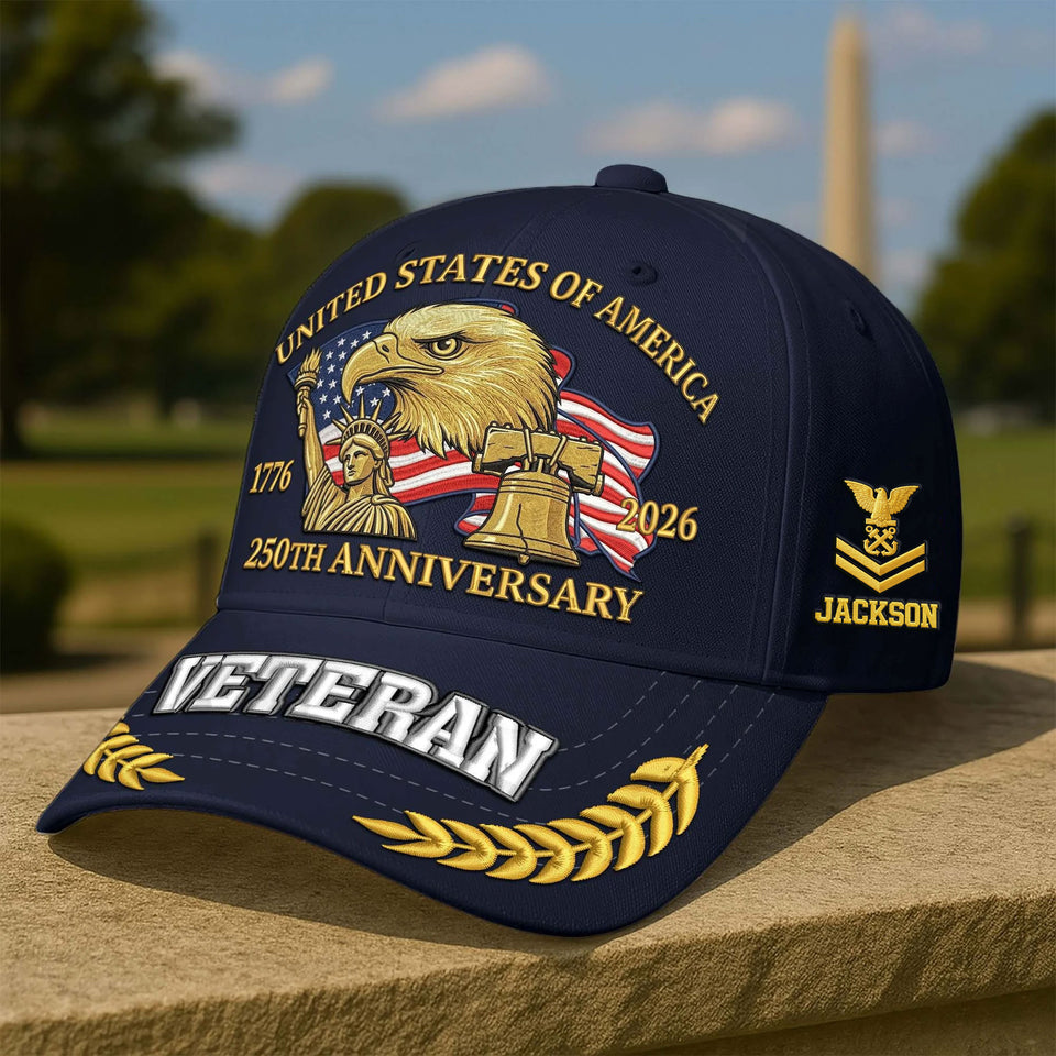 Personalized Premium America 250th Anniversary Embroidered US Veterans Hats C25032601, Gifts For U.S. Veterans, Gifts For Independence Day, Veterans Day.