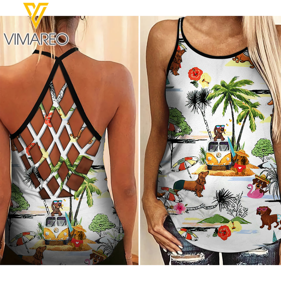 Dachshund Dog Hawaii Criss-Cross Open Back Camisole Tank Top AUG-MA31
