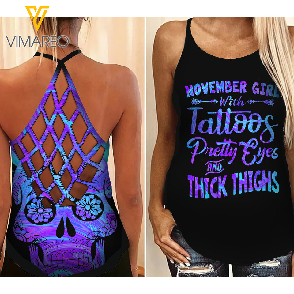 November Girl Criss-Cross Open Back Camisole Tank Top Legging SKTDSG