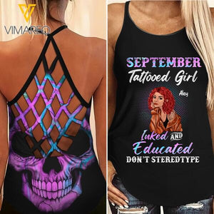 PERSONALIZED SEPTEMBER TATTOOED GIRL CRISS CROSS TANK SKULL TNDT0709