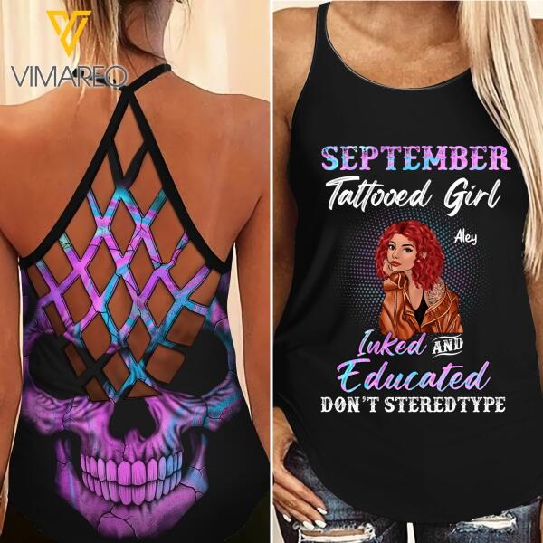 PERSONALIZED SEPTEMBER TATTOOED GIRL CRISS CROSS TANK SKULL TNDT0709