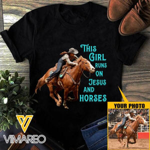 PERSONALIZED  THIS GIRL RUNS ON JESUS AND HORSE PHOTO UPLOAD HOODIE / TSHIRT QTTN1412