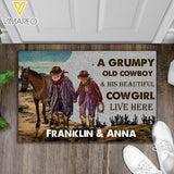 PERSONALIZED A GRUMPY OLD COWBOY & HIS BEAUTIFUL COWGIRL LIVE HERE DOORMAT PRINTED 22FEB-HC10