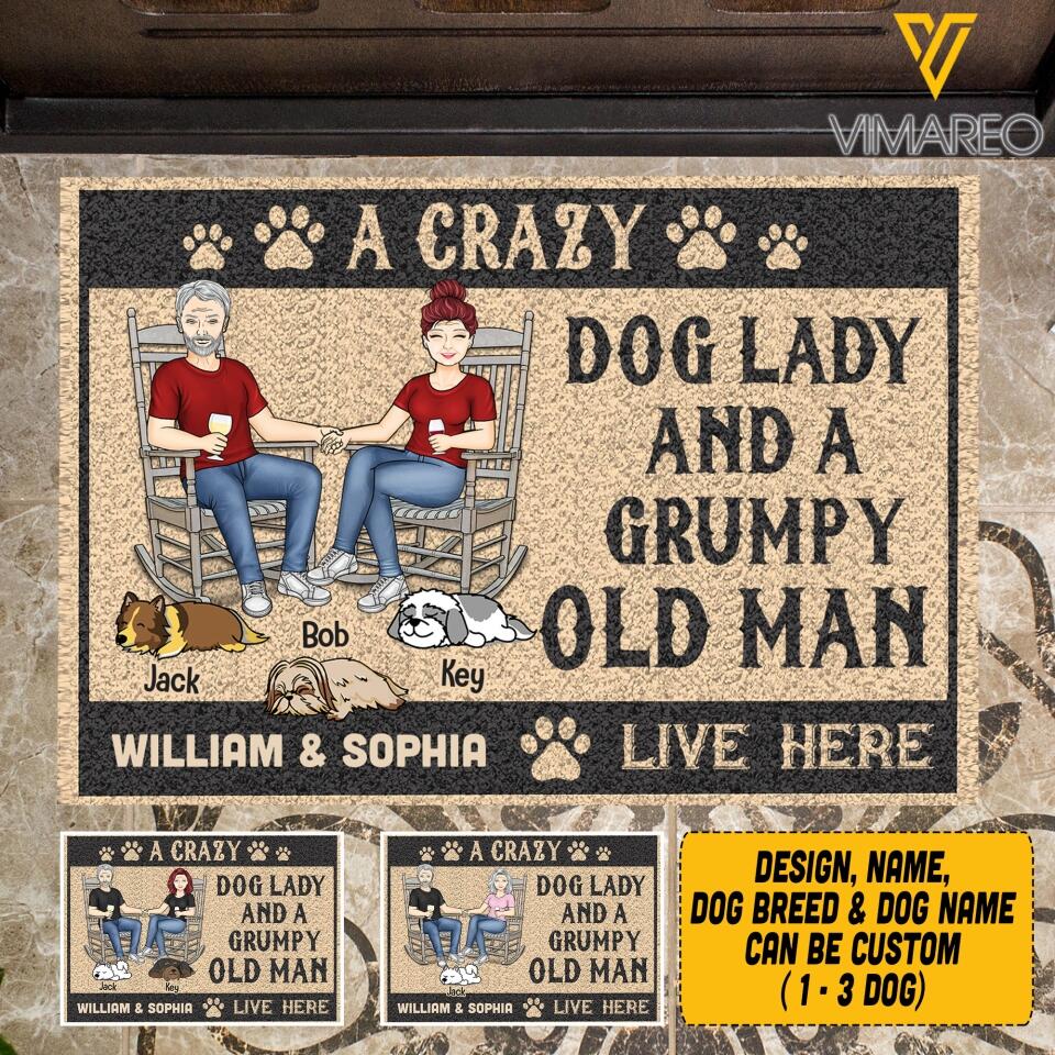 PERSONALIZED A CRAZY DOG LADY AND GRUMPY OLD MAN LIVE HERE  DOORMAT QTVQ0704