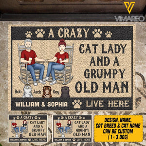 PERSONALIZED A CRAZY CAT LADY AND GRUMPY OLD MAN LIVE HERE  DOORMAT QTVQ0704