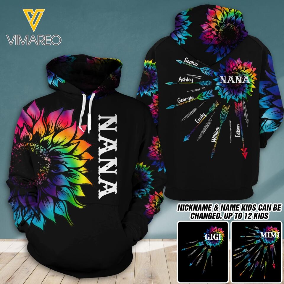 PERSONALIZED GRANDMA WITH KID NAME TIE DYE SUNFLOWER HOODIE 3D PRINTED QTDT1404