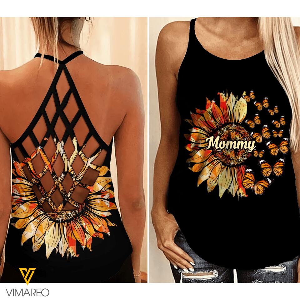 PERSONALIZED MOMMY GRANDMA SUNFLOWER BUTTERFLY CRISS CROSS TANK QTVQ1504