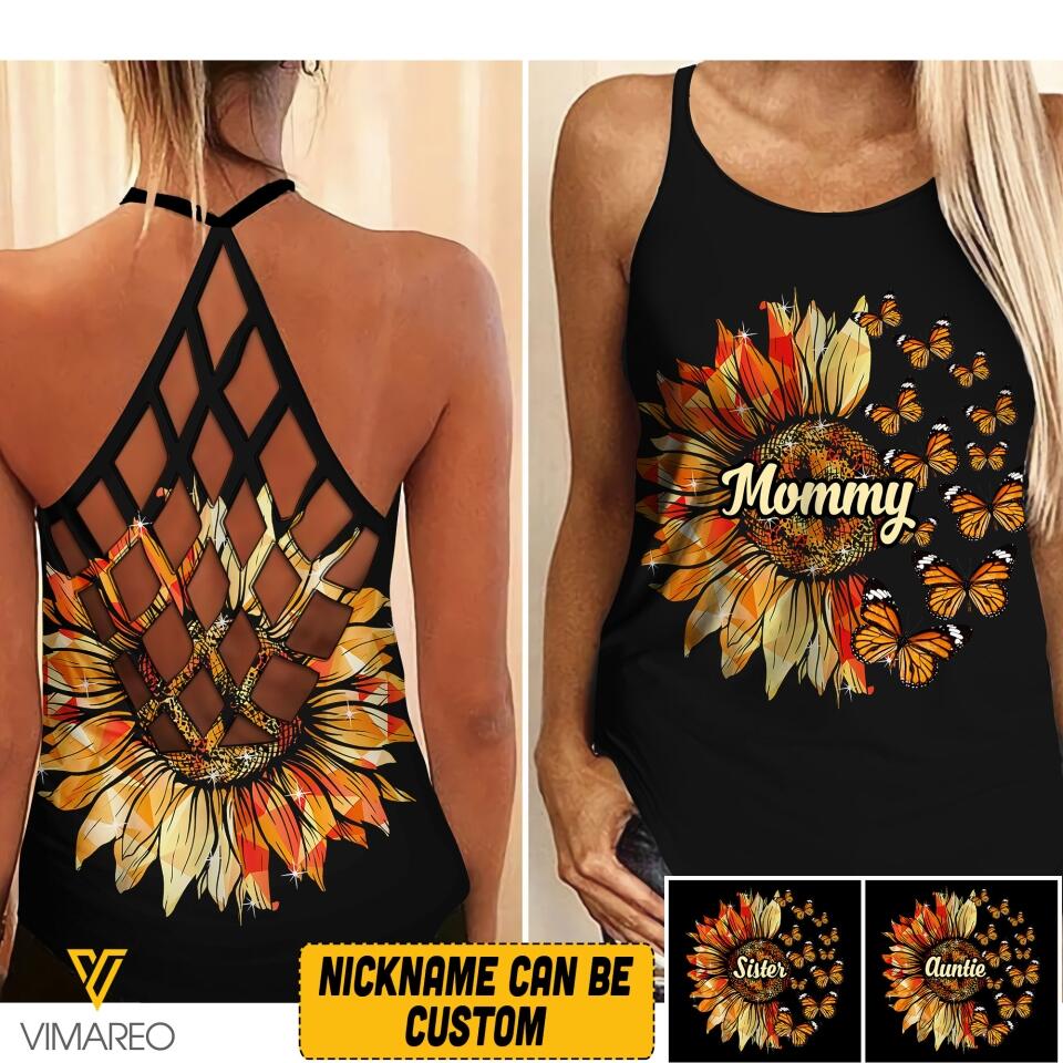 PERSONALIZED MOMMY GRANDMA SUNFLOWER BUTTERFLY CRISS CROSS TANK QTVQ1504