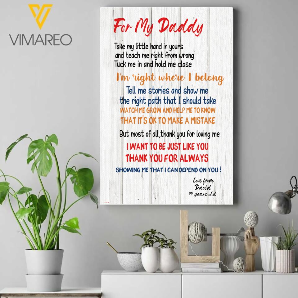 PERSONALIZED FOR MY DADDY WITH BABY HANDPRINT CANVAS PRINTED QTTN2004