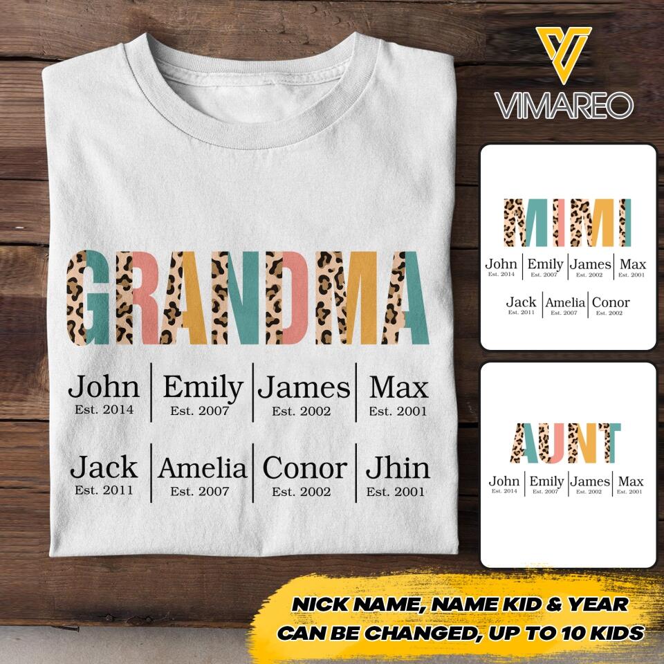 PERSONALIZED GRANDMA AUNT KID NAME WITH YEAR OF BIRTH TSHIRT QTHC2104