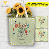 PERSONALIZED GRANDMA KID NAME FLOWER BUTTERFLY TOTE BAG NQHC1005