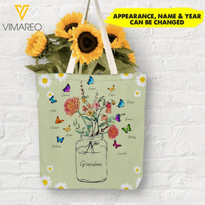 PERSONALIZED GRANDMA KID NAME FLOWER BUTTERFLY TOTE BAG NQHC1005