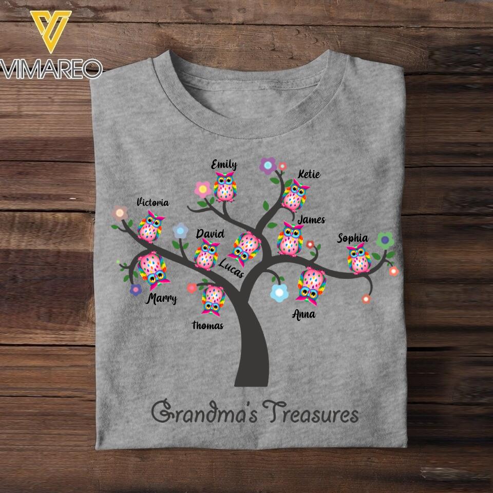 Personalized Grandma's Treasures kid Name Owl Tshirt Printed NQHC2705