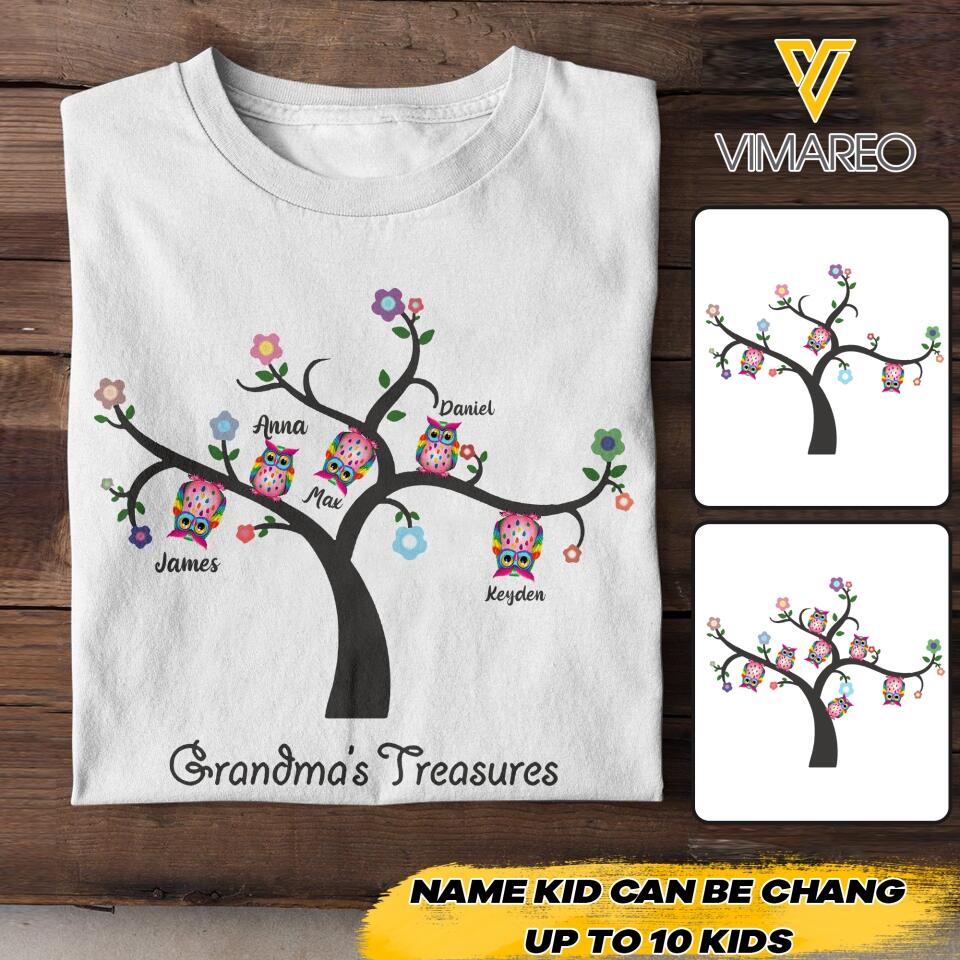 Personalized Grandma's Treasures kid Name Owl Tshirt Printed NQHC2705