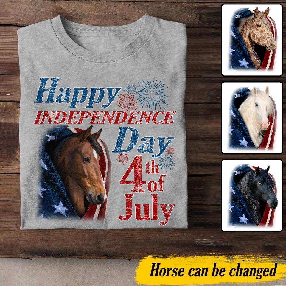 Personalized Horse Happy Independence Day Us Flag Tshirt Printed NQDT0806 copy