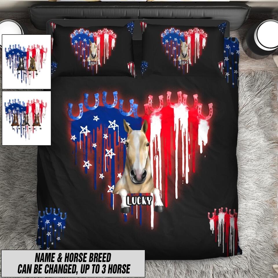 PERSONALIZED HORSE HEART FLAG INDEPENDENCE DAY BEDDING SET NQHC2206