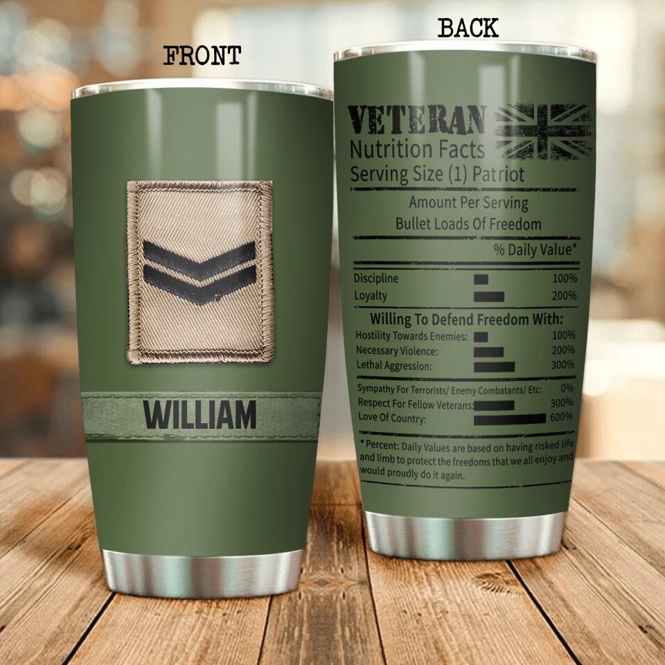 Personalized UK Veterans Nutrition Facts Tumbler Printed QTDT3006