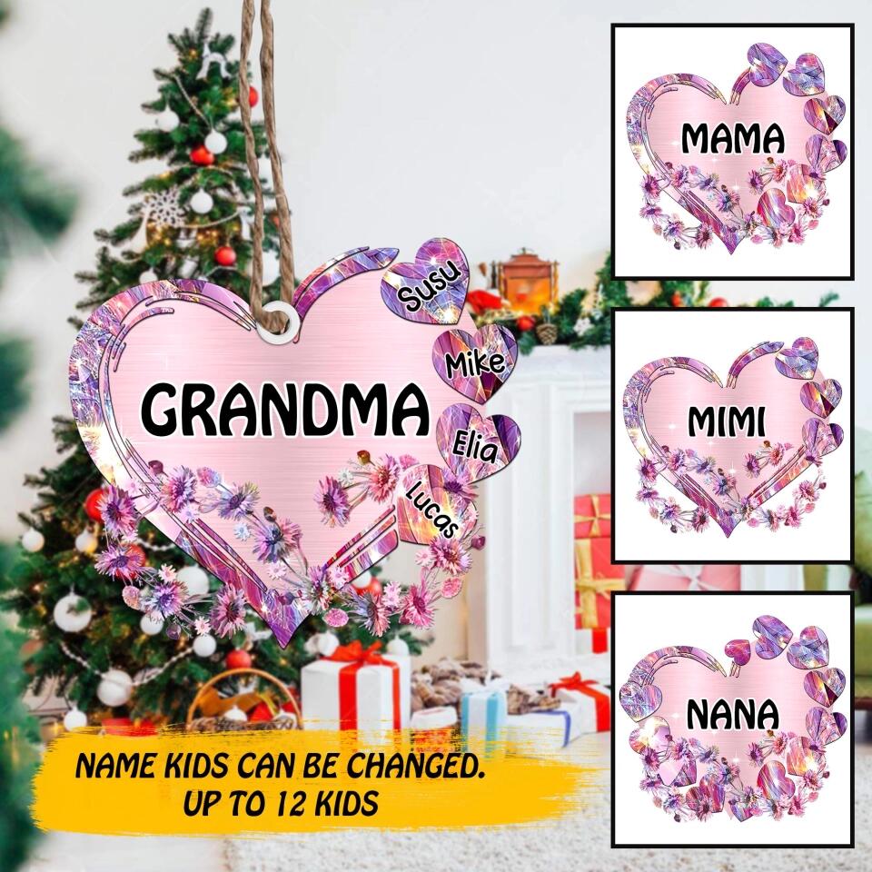 Personalized Grandma Kid Heart Wood Ornament Printed 22SEP-HY12