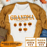 Personalized Grandma Thanksful Greatful Blessed Pumpkin Halloween Holiday Kid Name Tshirt Printed QTDT2009