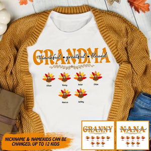 Personalized Grandma Thanksful Greatful Blessed Turkey Thanksgiving Holiday Kid Name Tshirt Printed QTDT2009