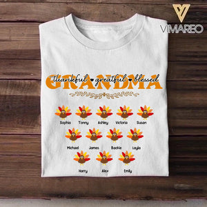 Personalized Grandma Thanksful Greatful Blessed Turkey Thanksgiving Holiday Kid Name Tshirt Printed QTDT2009