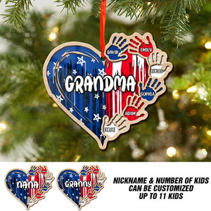 Personalized Grandma Kid Flag Heart Christmas Wood Ornament Printed 22SEP-DT27