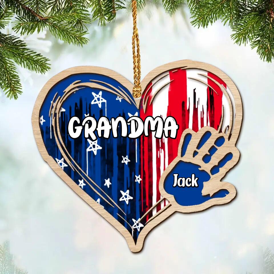 Personalized Grandma Kid Flag Heart Christmas Wood Ornament Printed 22SEP-DT27