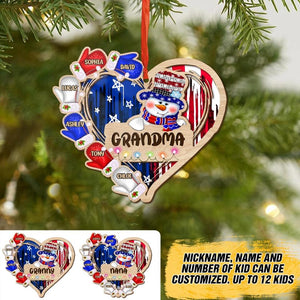 Personalized Grandma Kid Flag Heart Christmas Wood Ornament Printed 22SEP-DT28