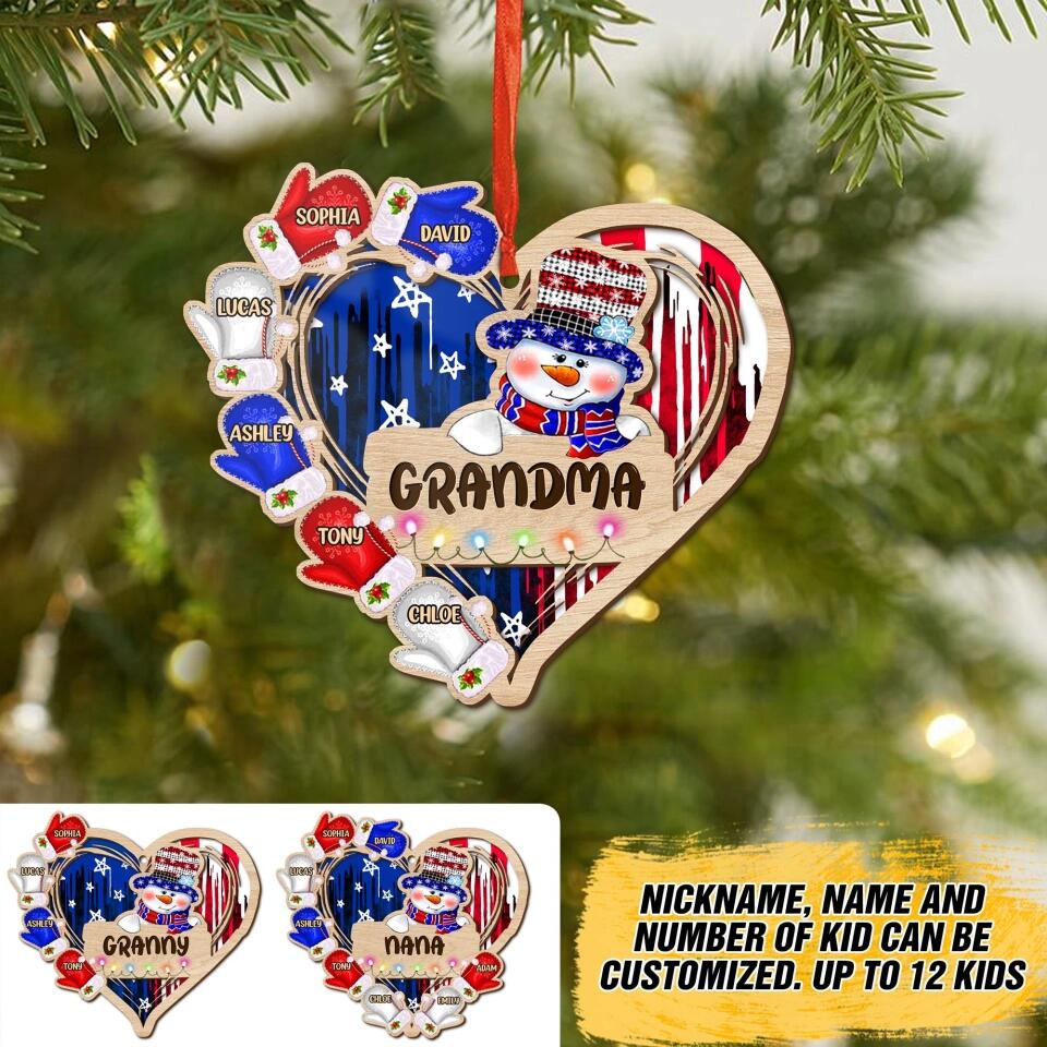 Personalized Grandma Kid Flag Heart Christmas Wood Ornament Printed 22SEP-DT28