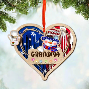 Personalized Grandma Kid Flag Heart Christmas Wood Ornament Printed 22SEP-DT28