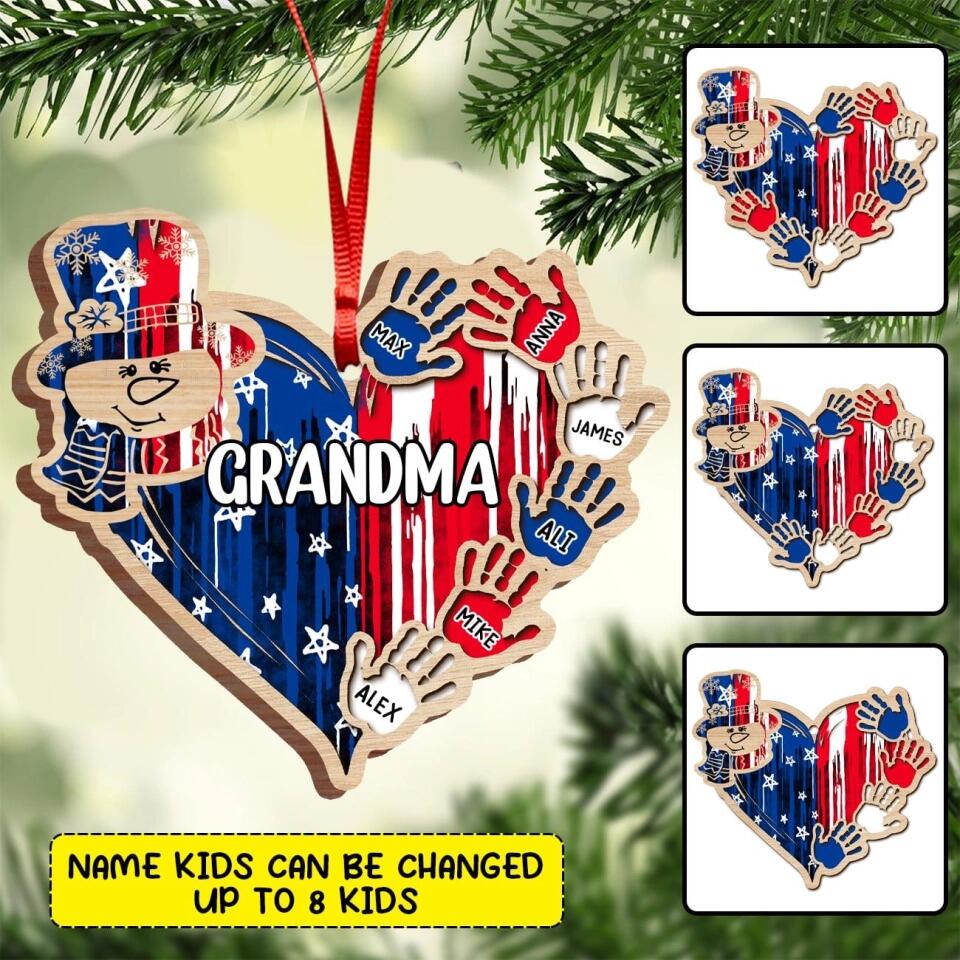 Personalized Grandma Kid Flag Heart Christmas Wood Ornament Printed 22SEP-HY29